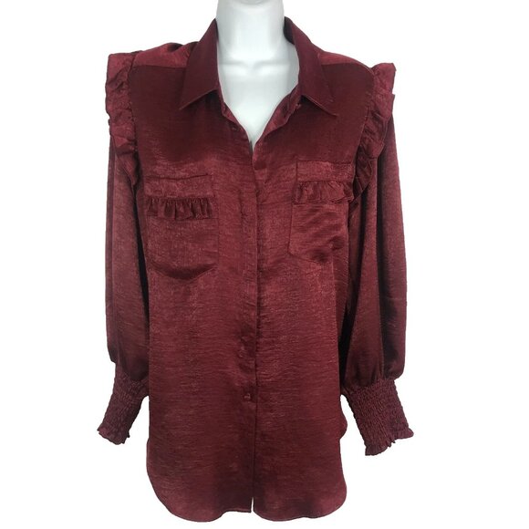 Misa Los Angeles Donata Satin Blouse Shirt Size M Wine Red Burgundy Ruffled Goth - Picture 1 of 10